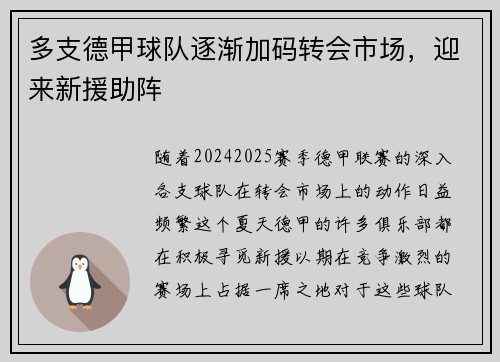 多支德甲球队逐渐加码转会市场，迎来新援助阵